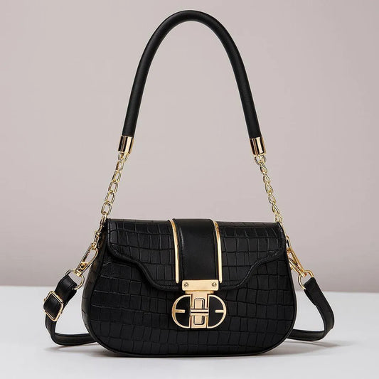 Black Croc-Embossed Crossbody Bag With Gold Chain