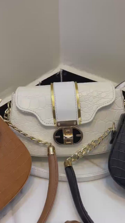 Black Croc-Embossed Crossbody Bag With Gold Chain