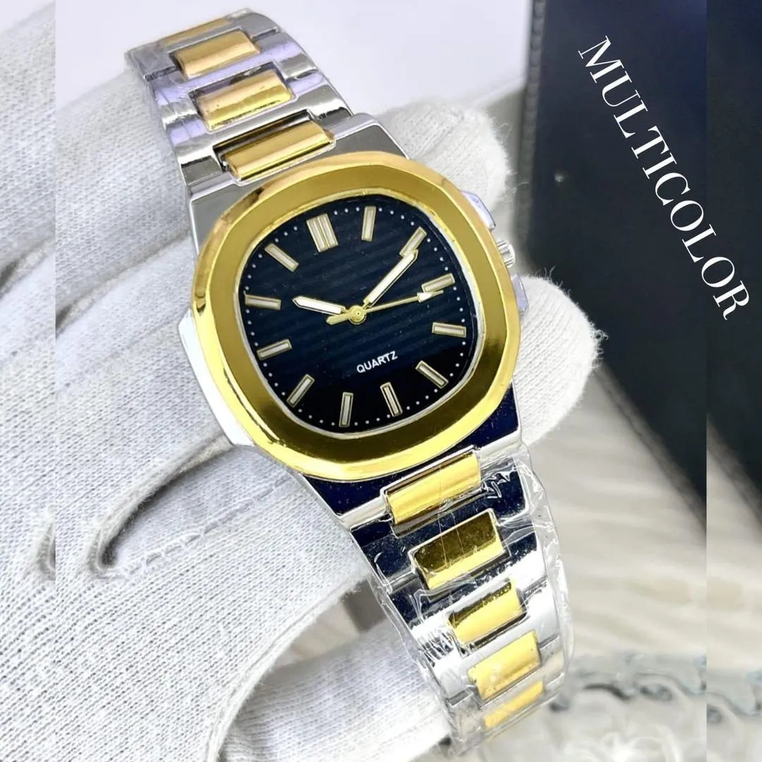 Men's Square Quartz Watch Steel Chain Strap Black Dial