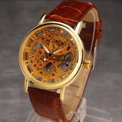 Men's Gold Tone Skeleton Watch With Brown Leather Strap