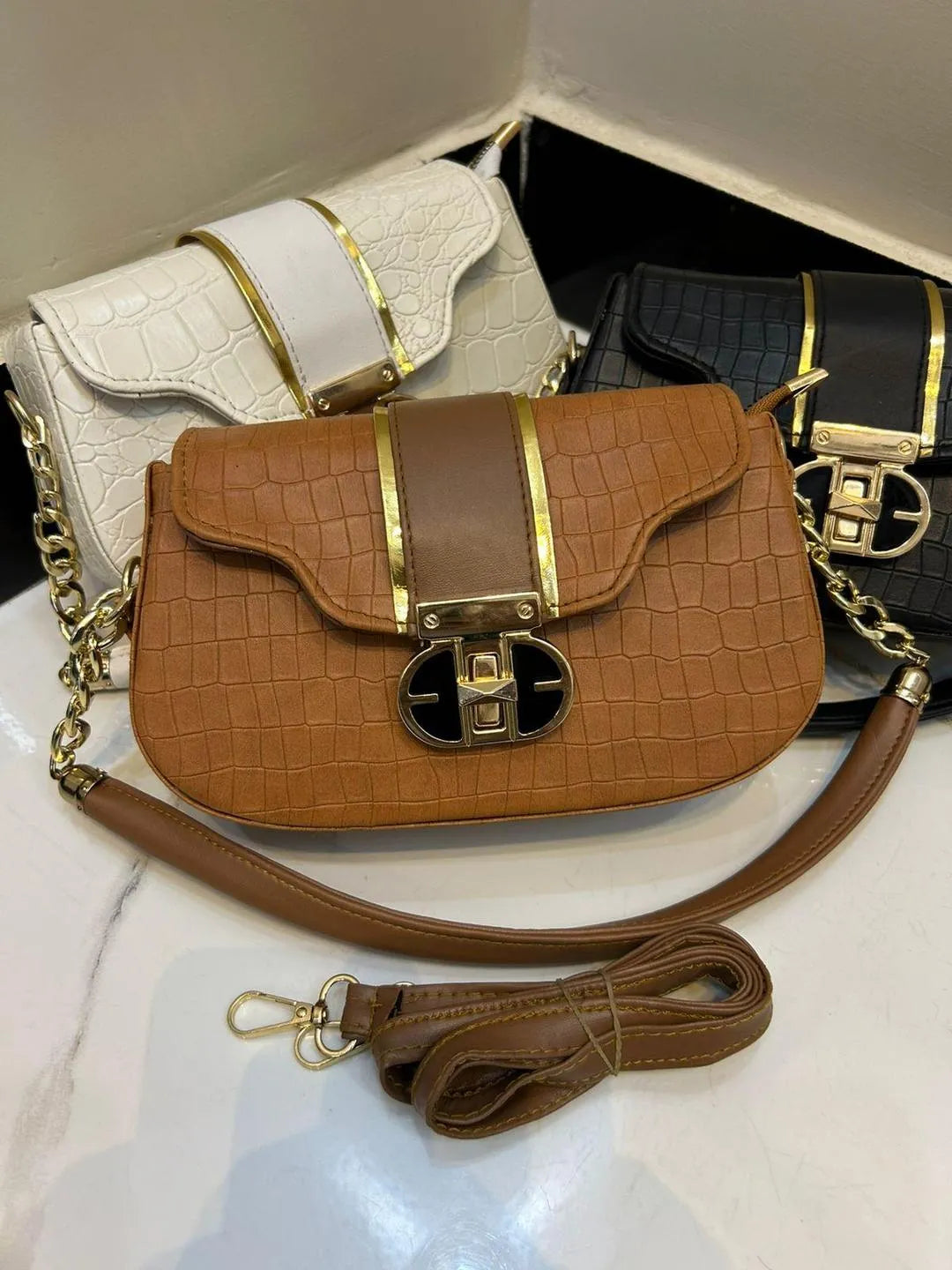 Black Croc-Embossed Crossbody Bag With Gold Chain