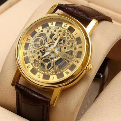 Men's Gold Tone Skeleton Watch With Brown Leather Strap