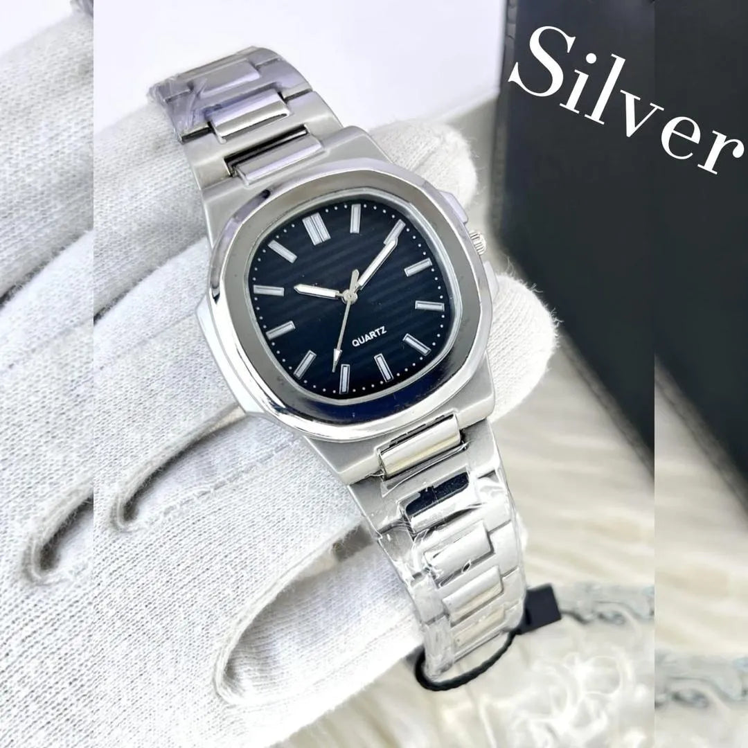 Men's Square Quartz Watch Steel Chain Strap Black Dial