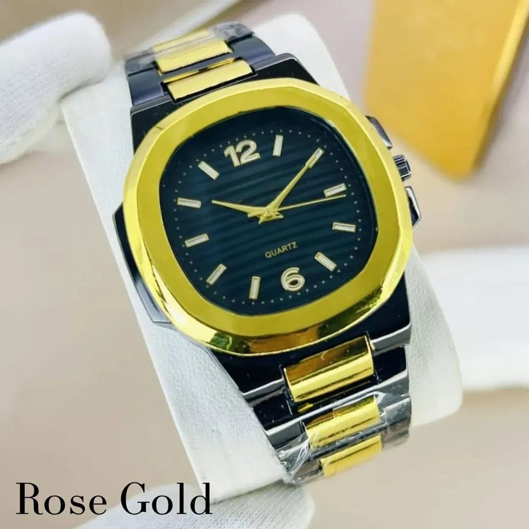 Men's Square Quartz Watch Steel Chain Strap Black Dial