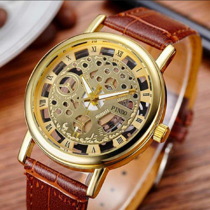 Men's Gold Tone Skeleton Watch With Brown Leather Strap