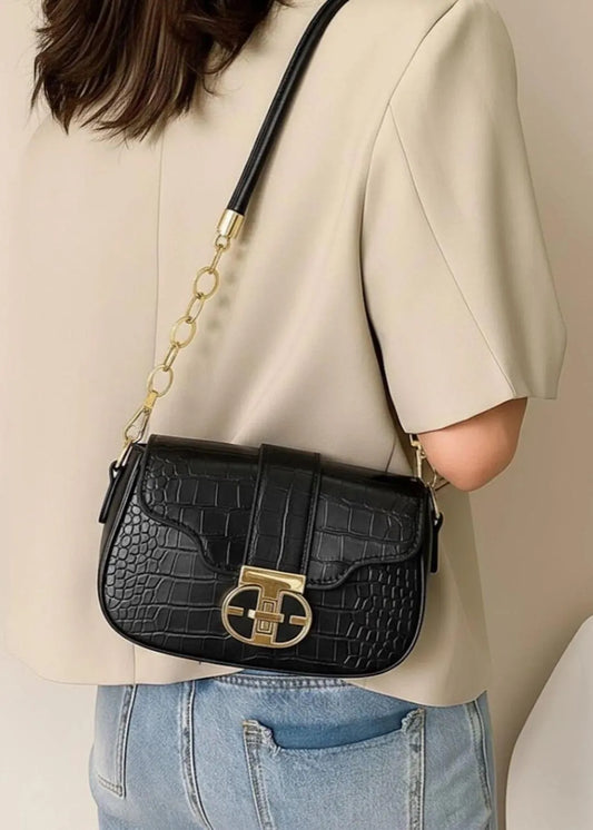 Black Croc-Embossed Crossbody Bag With Gold Chain
