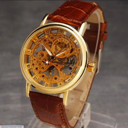 Men's Gold Tone Skeleton Watch With Brown Leather Strap